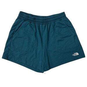 North Face Fleece Shorts Women Simple Logo Blue Coral Sz M Pockets Elastic Waist